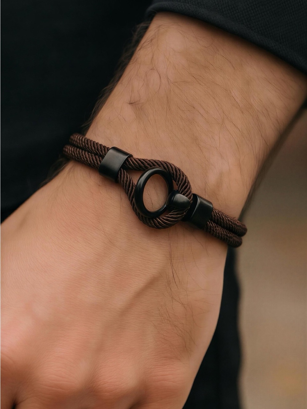 Men's Brown Cord Bracelet with Black Ring Accent - Classic Casual